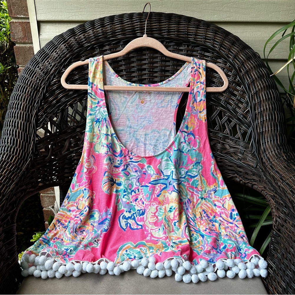 Lilly Pulitzer Shirley Coral Reef Island Seacret Pop Pom Hem Tank XL